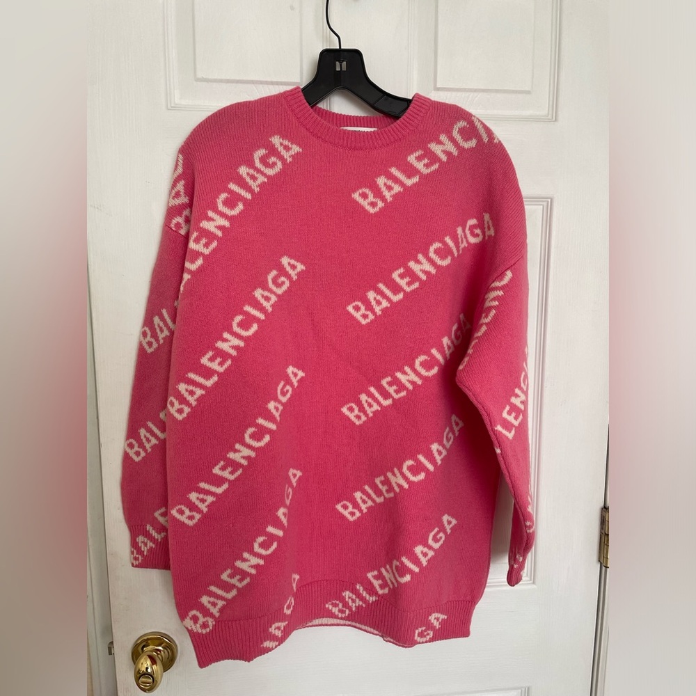 Balenciaga Pink Wool Logo All Over Knit Crewneck Sweater